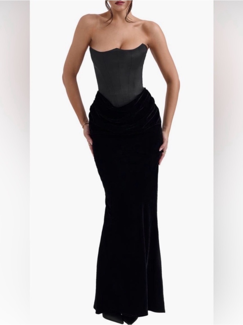 House of CB Black Strapless Corset Velvet Maxi Gown